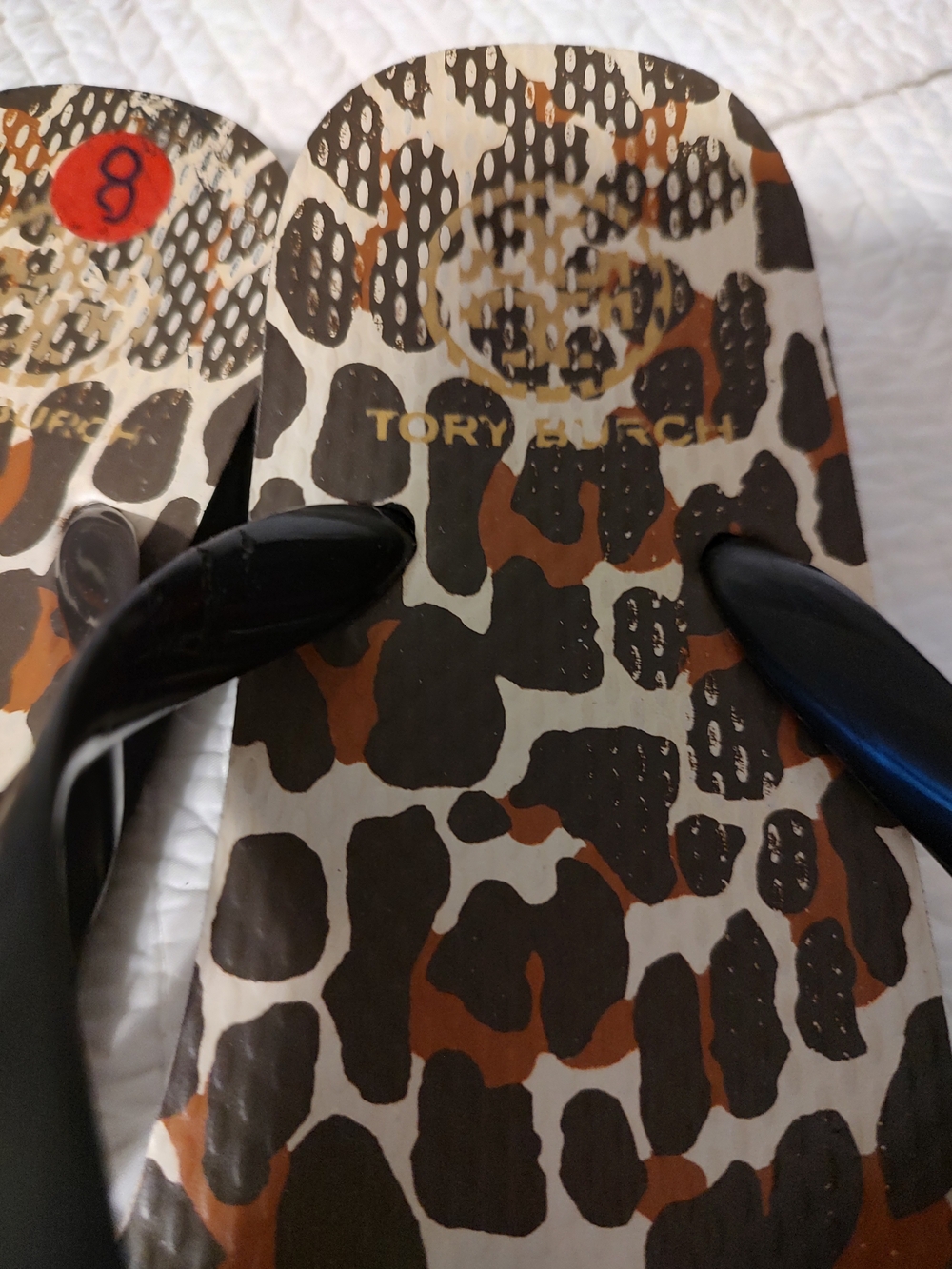 Tory Burch Leopard Print Logo Flip Flops - Black & Brown - Picture 9 of 10